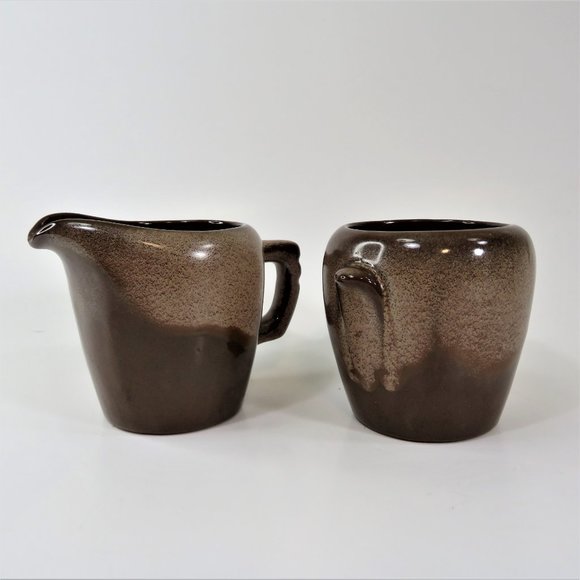 Vintage 1964 FRANKOMA Pottery Cream & Sugar 5DA & 5DB Plainsman Brown Satin - Picture 5 of 9